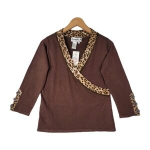 NWT JOSEPH A WOMEN'S TOP MEDIUM BROWN LEOPARD TRIM LONG SLEEVE KNIT BLOUSE NEW